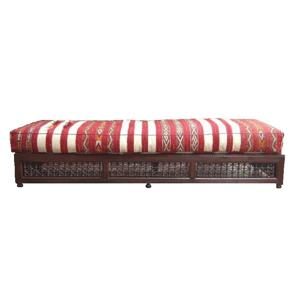 Ottoman Bench Sofa with wooden base & Red/Cream Kilim Mattress