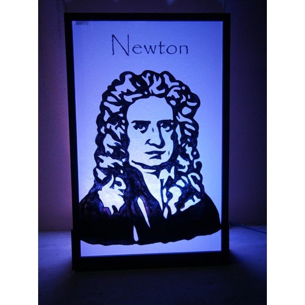 Silhouette Panel Isaac Newton shown lit in purple
