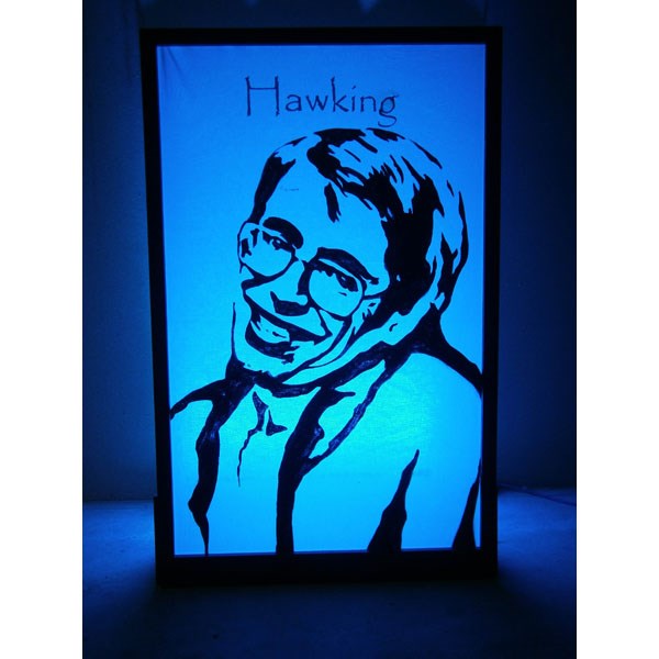 Silhouette Panel Stephen Hawking shown lit in blue
